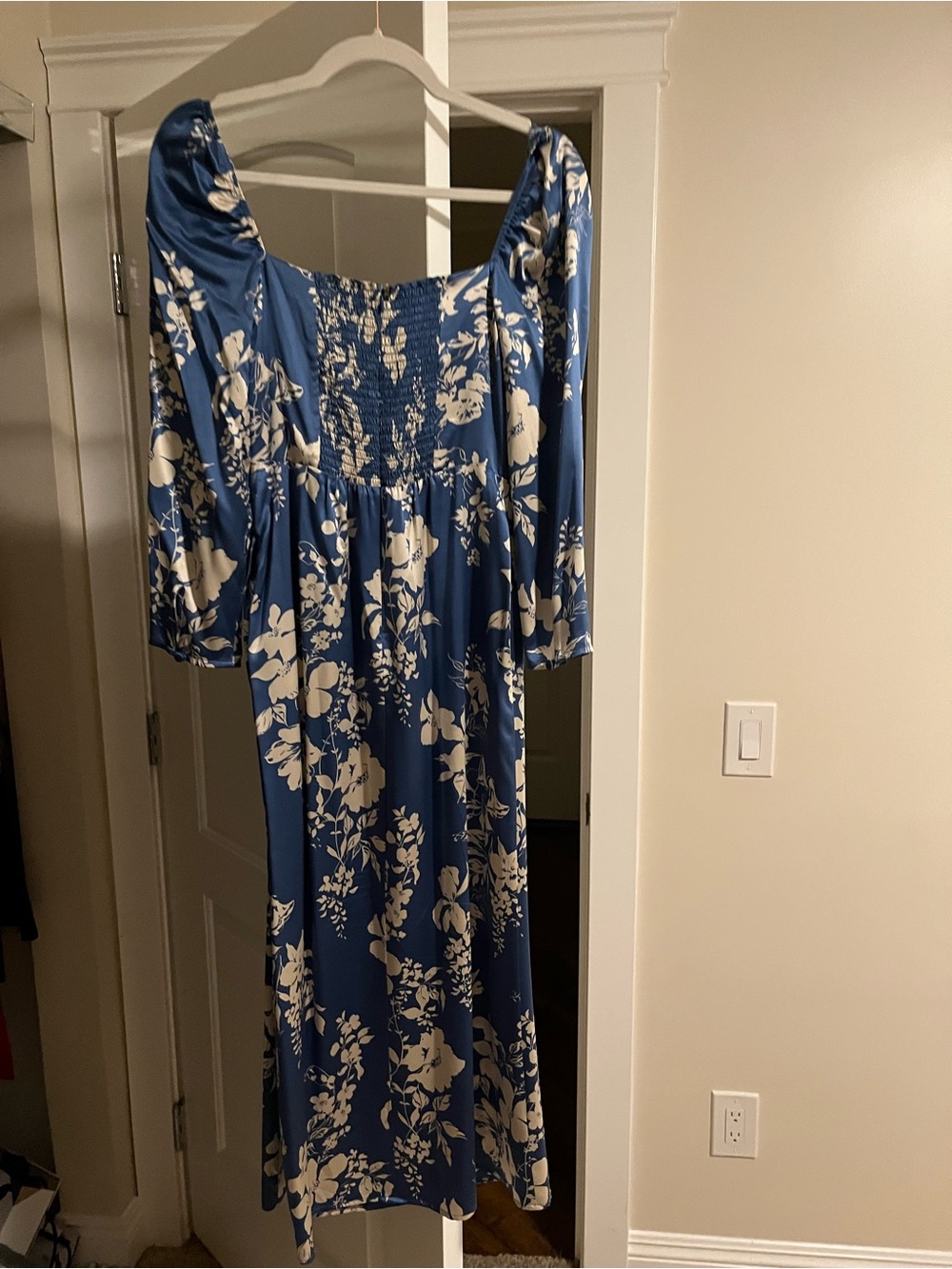 Reformation Blue Floral Midi Dress with Smocked Bodice